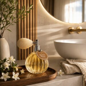 eau de toilette jasmin en flacon rétro présenté dans une salle de bains