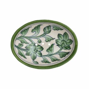 Porte-savon en poterie bleue traditionnelle avec motif de feuillage vert