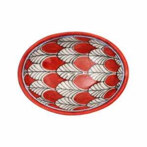 porte-savon en céramique bleue fabrication artisanale au motif de plumes rouges