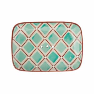 Porte-savon en grès, rectangulaire avec motif losanges turquoise et contours bruns