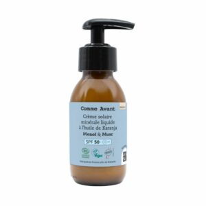 Crème solaire minérale liquide SPF 50 au parfum Monoï et musc
